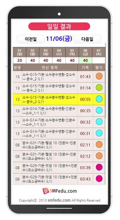 일일 결과: 항목별 기록 시간과 평가